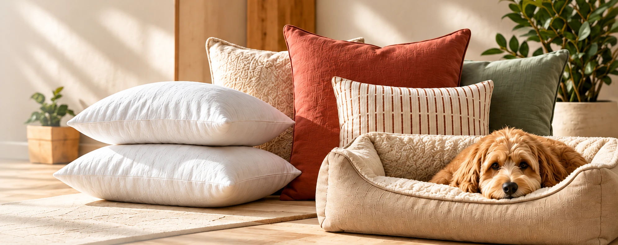 Pillows and a pet bed with a resting dog
